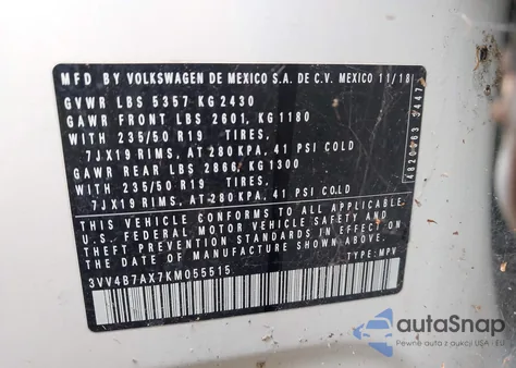 2019 Volkswagen Tiguan 2.0T Sel Premium/2.0T Sel Premium R-Line from USA, damaged, VIN 3VV4B7AX7KM055515